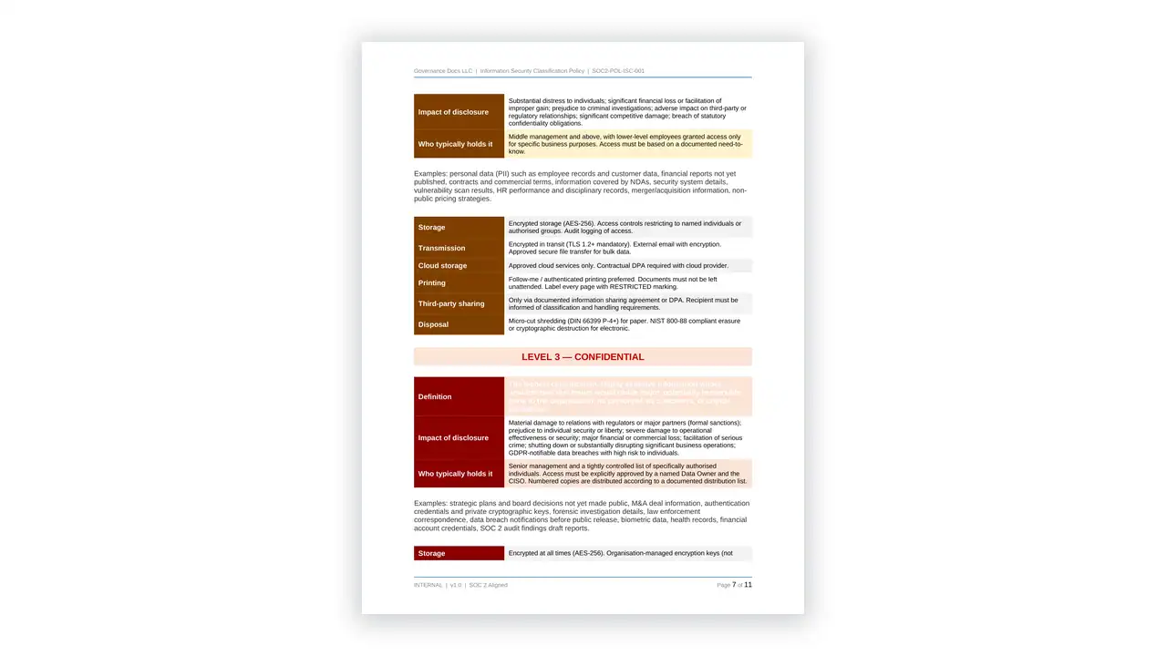 Preview of the Information Security Classification Policy from the SOC2 Toolkit on iso-toolkits.com