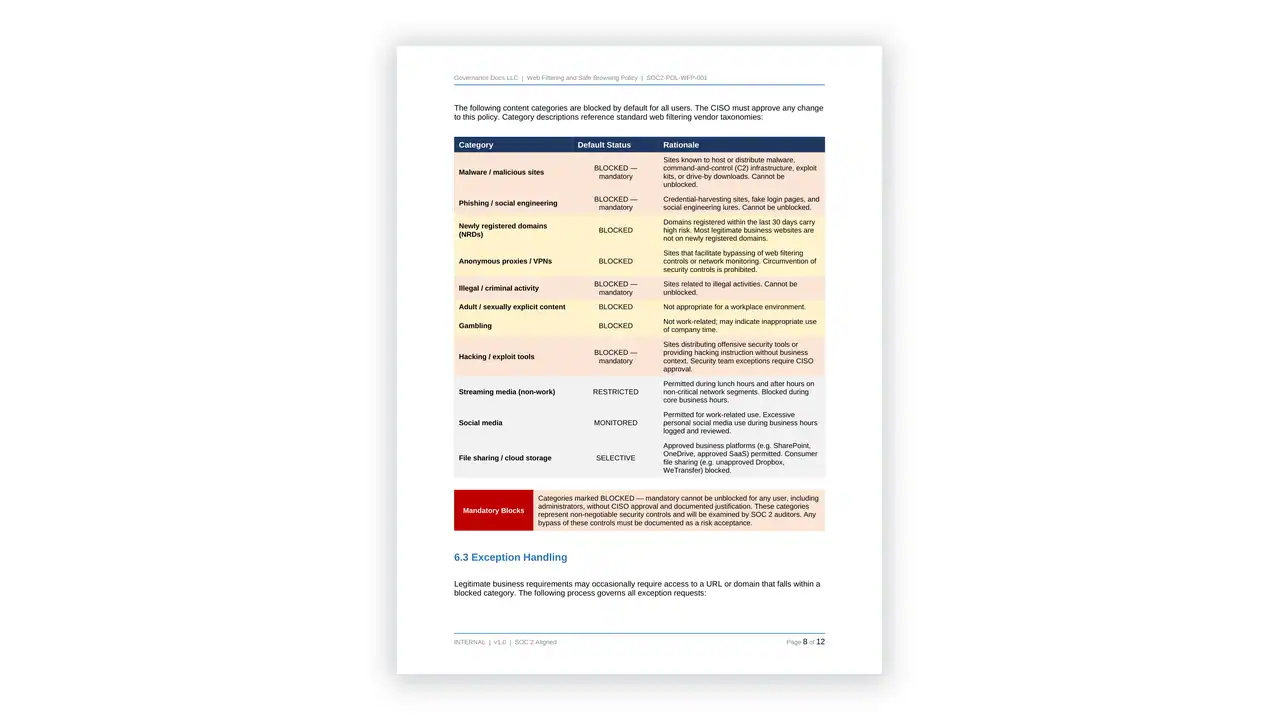 Preview of the Web Filtering Policy from the SOC2 Toolkit on iso-toolkits.com