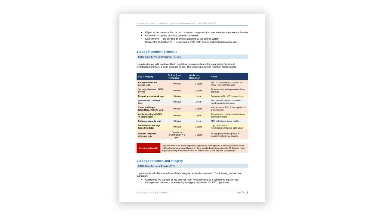 Preview of the Log Monitoring Event Management Policy from the SOC2 Toolkit on iso-toolkits.com
