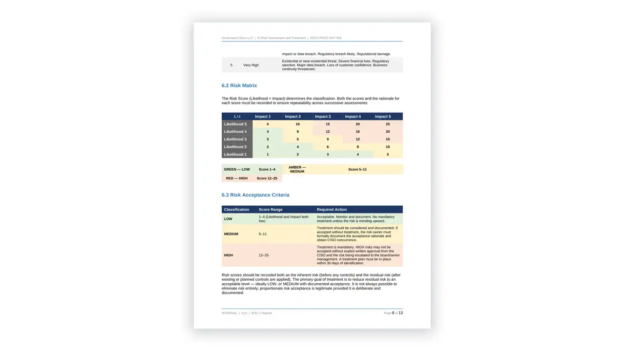 Preview of the IS Risk Assessment Treatment from the SOC2 Toolkit on iso-toolkits.com