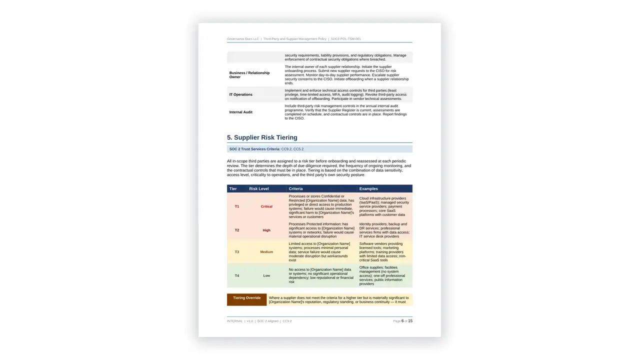 Preview of the Third Party Supplier Management Policy from the SOC2 Toolkit on iso-toolkits.com