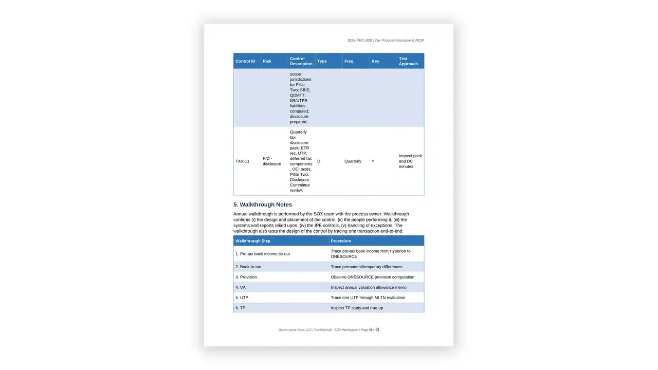 Preview of the Tax-Narrative-RCM from the SOX Compliance Toolkit on iso-toolkits.com