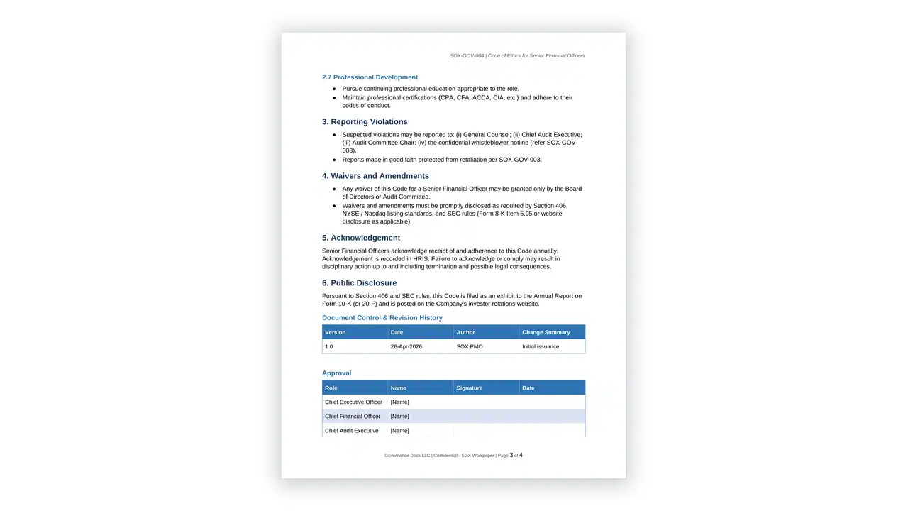 Preview of the Code-of-Ethics-Senior-Financial-Officers from the SOX Compliance Toolkit on iso-toolkits.com