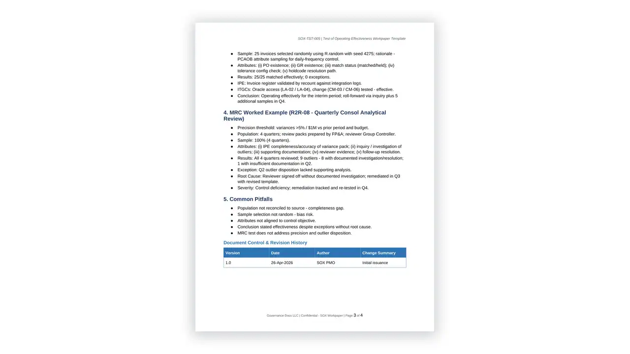 Preview of the Test-of-Operating-Effectiveness-Template from the SOX Compliance Toolkit on iso-toolkits.com