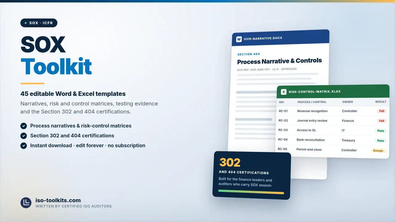 SOX Toolkit — 45 editable Word and Excel templates including the Process Narrative & Controls and a Risk Control Matrix, from iso-toolkits.com