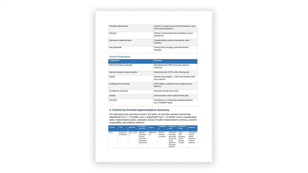 Preview of the MA-MP-Implementation-Summary from the StateRAMP TX-RAMP Compliance Toolkit on iso-toolkits.com