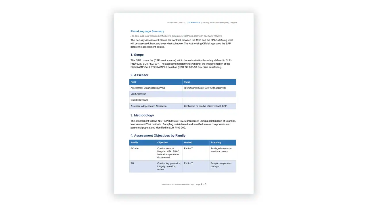 Preview of the Security-Assessment-Plan from the StateRAMP TX-RAMP Compliance Toolkit on iso-toolkits.com