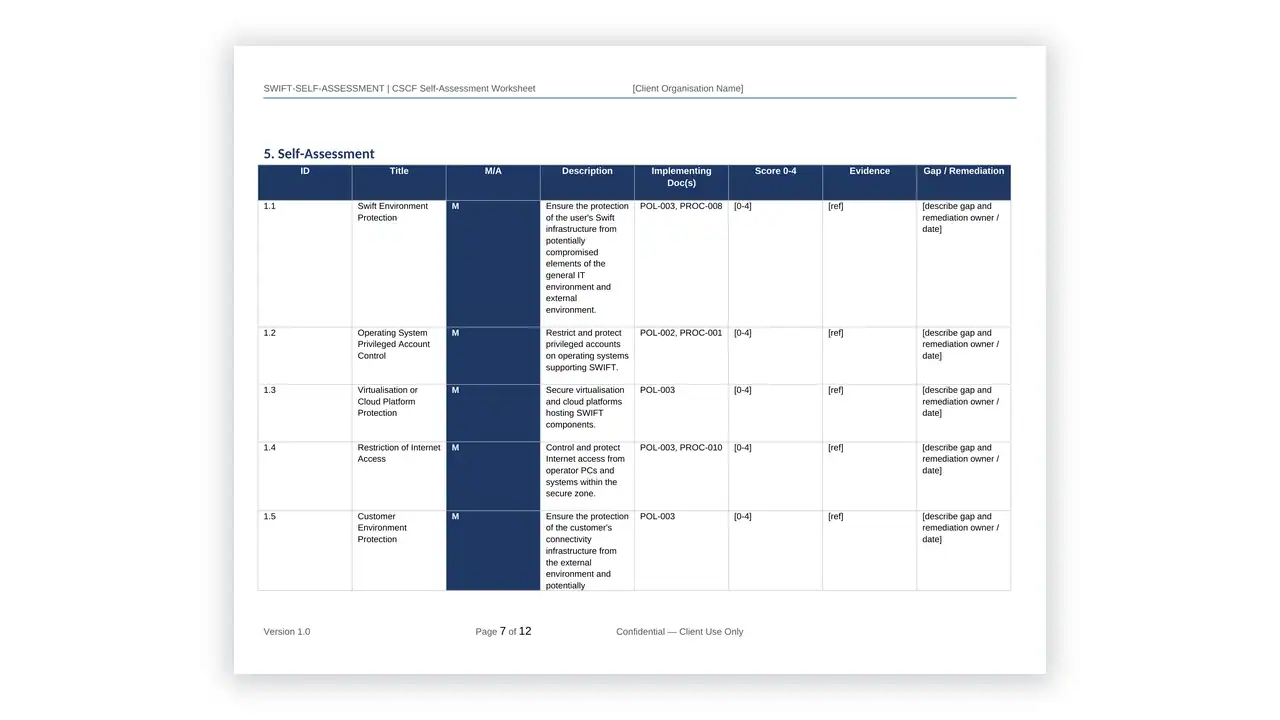 Preview of the ASSESSMENT-Worksheet from the SWIFT CSP Compliance Toolkit on iso-toolkits.com