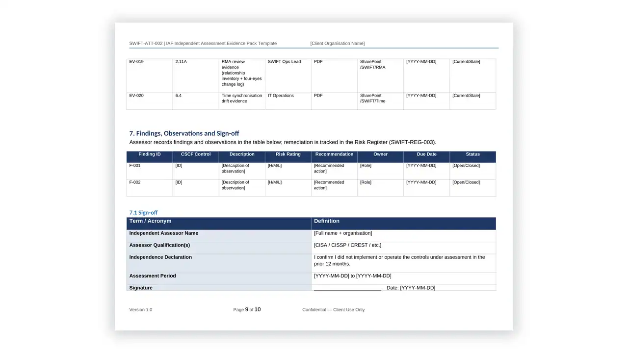 Preview of the Independent-Assessment-Evidence-Pack from the SWIFT CSP Compliance Toolkit on iso-toolkits.com