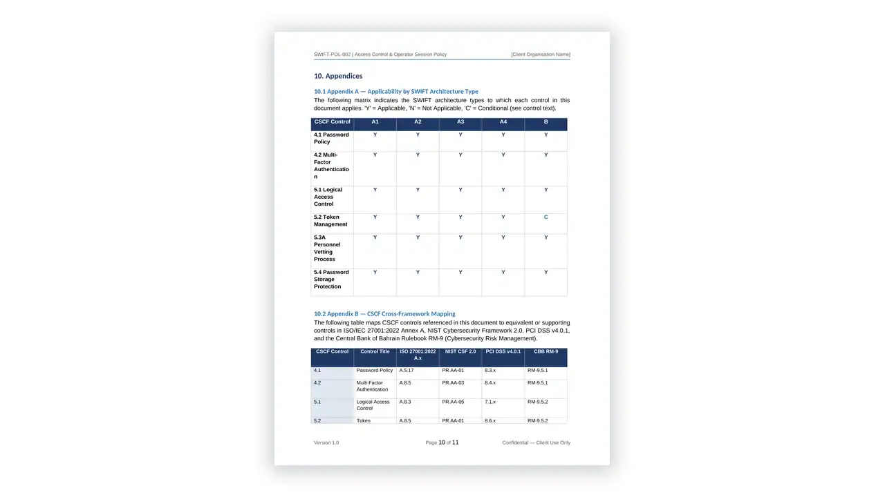 Preview of the Access-Control-Operator-Session-Policy from the SWIFT CSP Compliance Toolkit on iso-toolkits.com