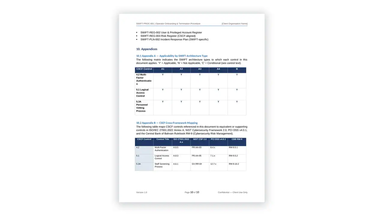 Preview of the Operator-Onboarding-Termination from the SWIFT CSP Compliance Toolkit on iso-toolkits.com